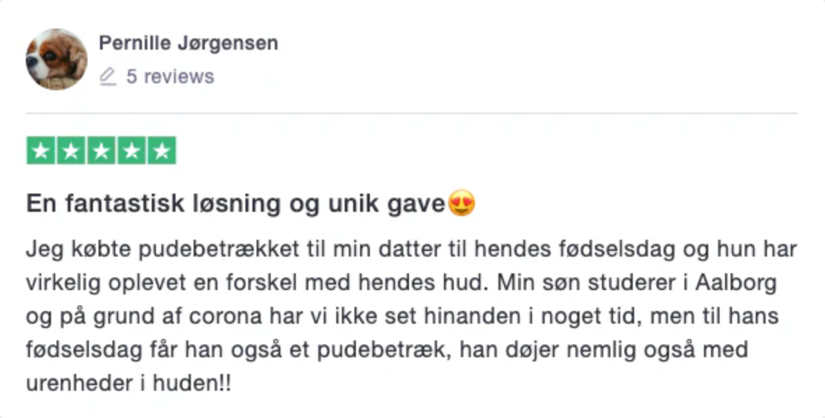 Trustpilot anmeldelse fra Pernille Jørgensen — En fantastisk løsning og unik gave